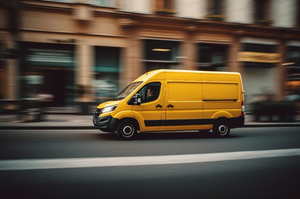 Gelber Lieferwagen fährt, dank Fahrsicherheitstraining der DFSG sicher und zügig durch die Innenstadt